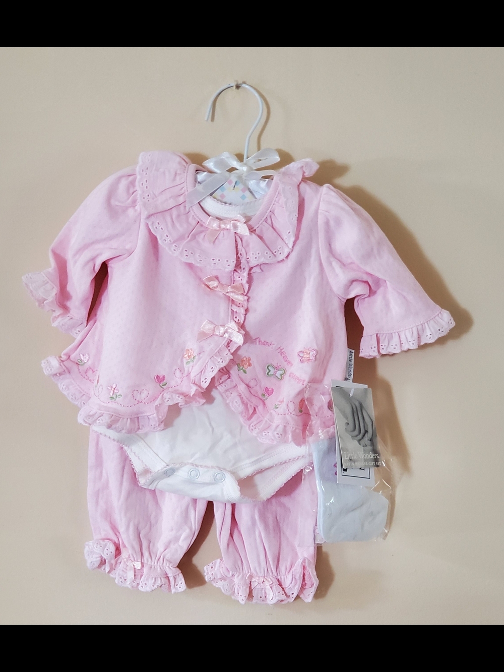Little Wonders Pink Ruffled Baby 2-Piece Set with Bodysuit, Socks & Fancy Hanger
